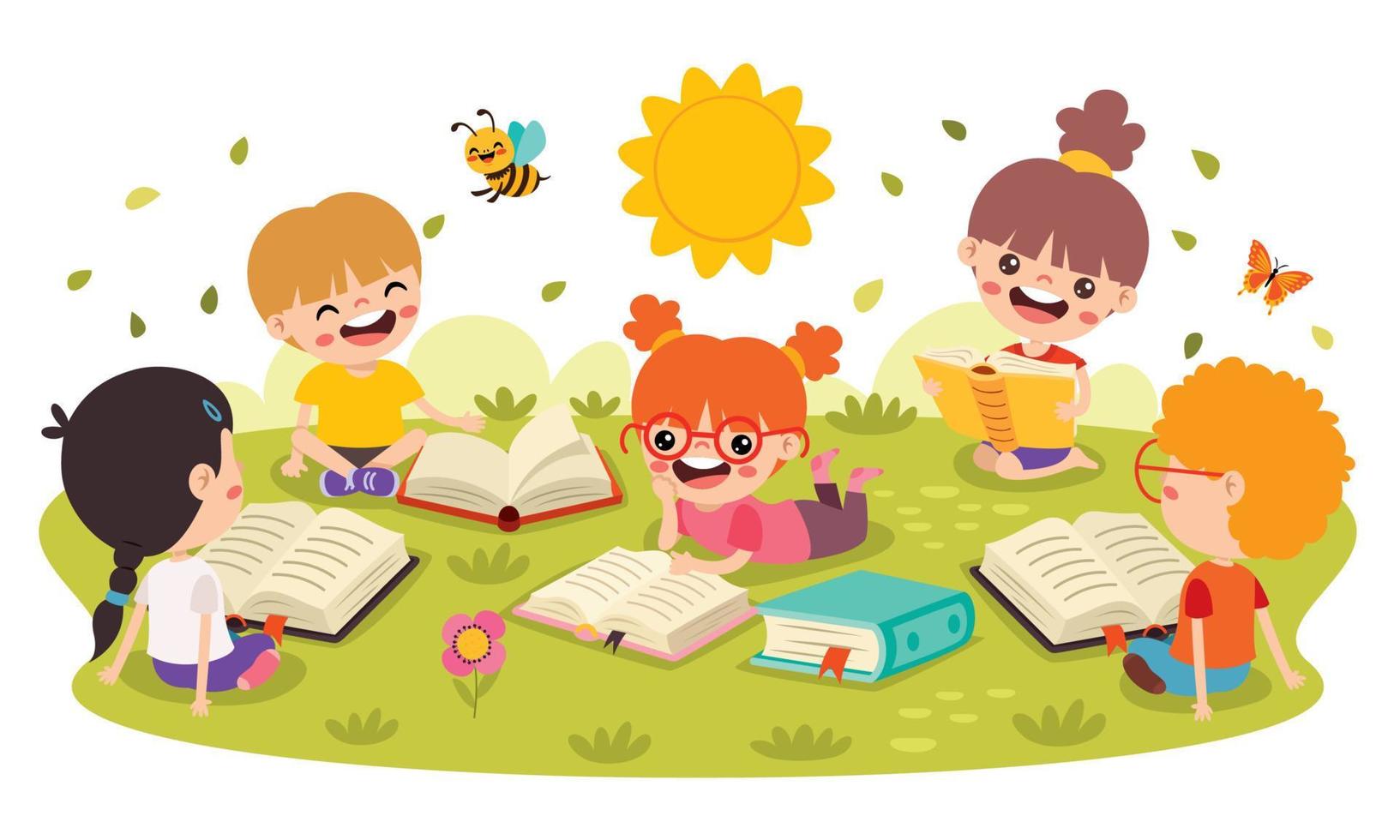 Children Reading Book At Nature Vector