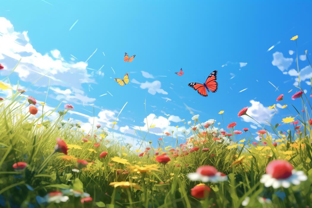 Summer Meadow With Flowers And Butterfly Nature Background 3d Render Ai Generative Free Photo